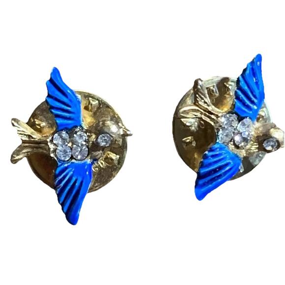 Small Bird Pins Lapel Rhinestones Blue Wings Flying Gold Color Sparkly - Picture 1 of 3